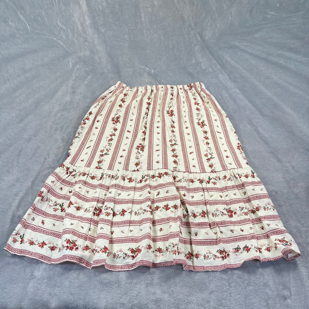 Joie Floral Tiered Midi Skirt L Cream Red Linen Boho Cottagecore Prairie Peasant - Picture 5 of 8